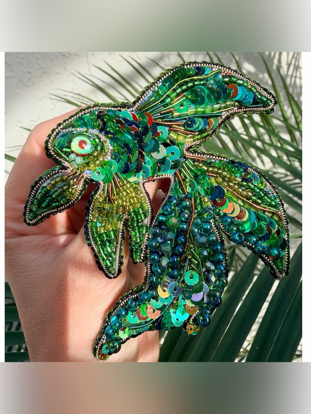 Green Sequin Fish Brooch - Hand Embellished Jewelry Accent